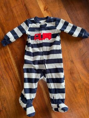 Carter's Navy and White‎ Striped Footed One-Piece with Red Fire Truck